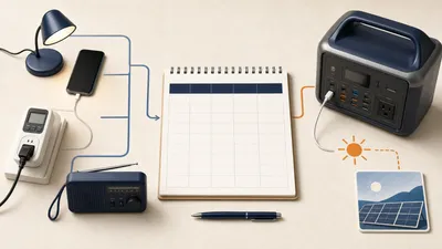 Portable battery power station beside essential loads, a planning worksheet, and a solar charging card