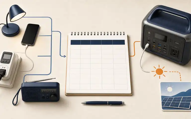 Lamp, phone, and radio beside an empty load worksheet and a portable power station