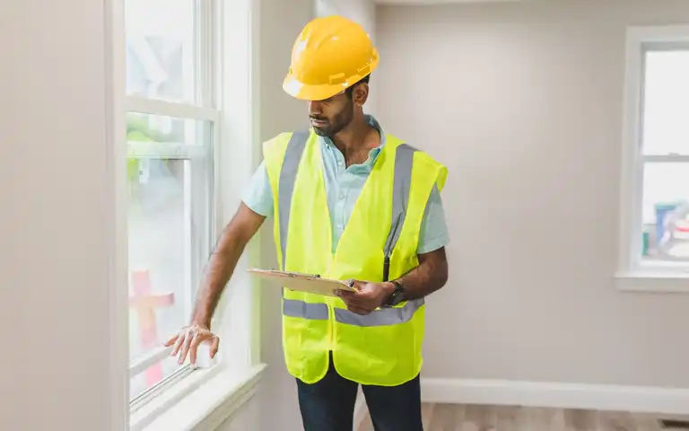 A person in a hard hat and high-visibility vest examines a residential window while holding a clipboard.