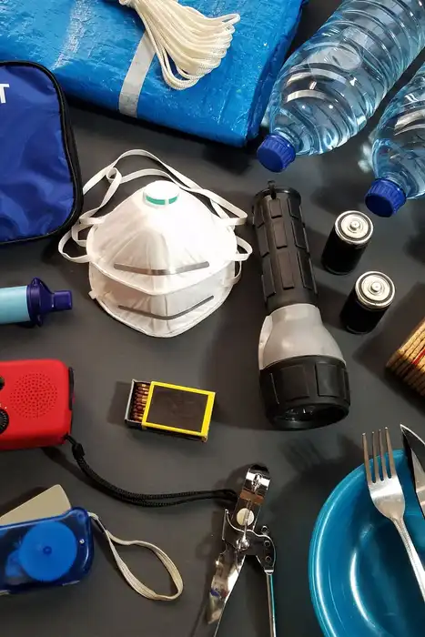 A first-aid kit and emergency supplies arranged together.