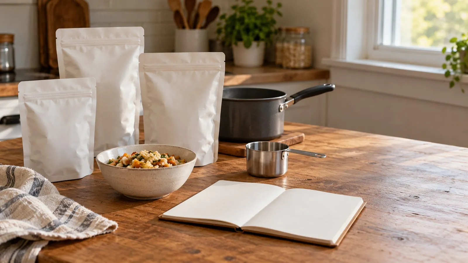 Illustration of blank, unbranded meal pouches beside a prepared bowl, measuring cup, pot, and open notebook