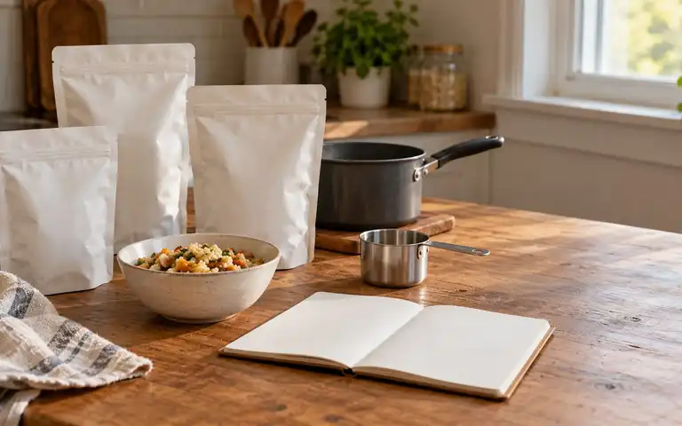 Illustration of blank, unbranded meal pouches beside a prepared bowl, measuring cup, pot, and open notebook