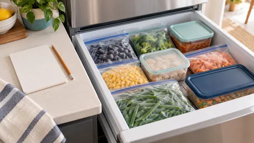 Editorial illustration of packaged frozen vegetables and closed containers in a freezer drawer beside a blank notebook.