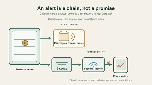 Original diagram of a freezer sensor sending a local alert and a separate remote alert through a gateway to a phone.