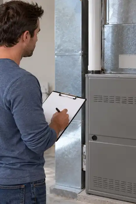 Editorial illustration of a person recording information beside a closed furnace cabinet.