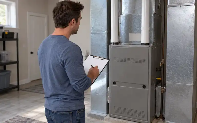 Editorial illustration of a person recording information beside a closed furnace cabinet.