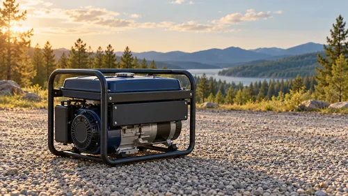 Editorial illustration of a generic portable generator standing alone on an outdoor gravel clearing.