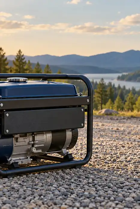Editorial illustration of a generic portable generator standing alone on an outdoor gravel clearing.
