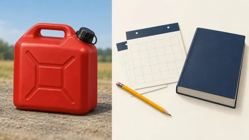 Editorial illustration pairing a closed red fuel can with blank calendar cards, a pencil, and a closed booklet.