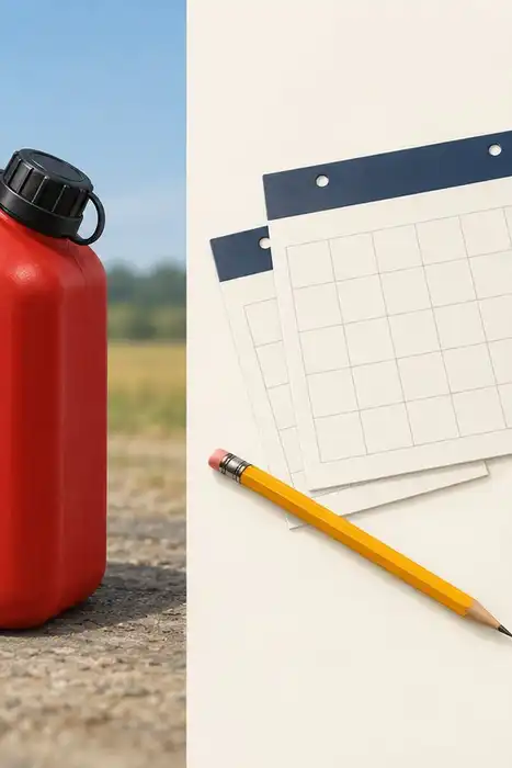 Editorial illustration pairing a closed red fuel can with blank calendar cards, a pencil, and a closed booklet.