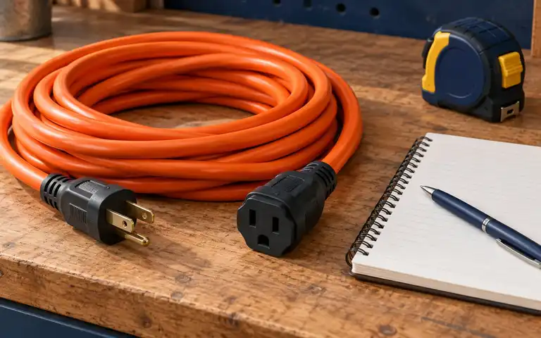 Editorial illustration of a disconnected orange grounded extension cord, tape measure and notebook.