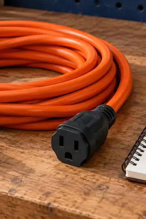 Editorial illustration of a disconnected orange grounded extension cord, tape measure and notebook.