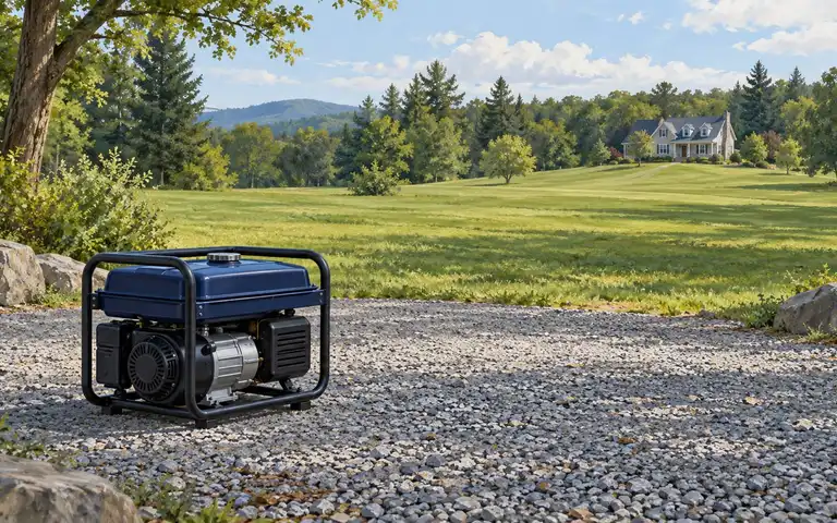 Editorial illustration of a disconnected portable generator in an open clearing with a distant house.