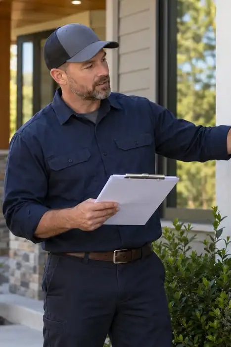 Editorial illustration of a homeowner and another person reviewing a closed exterior electrical panel.
