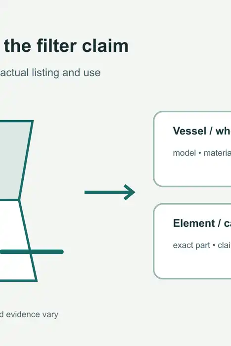 Illustration separating a two-chamber gravity filter vessel from records for the system and its exact cartridge.