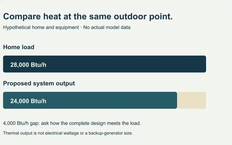 Hypothetical example at the same outdoor design temperature: a home needs 28,000 Btu per hour and the proposed system supplies 24,000, leaving a 4,000 Btu per hour gap.