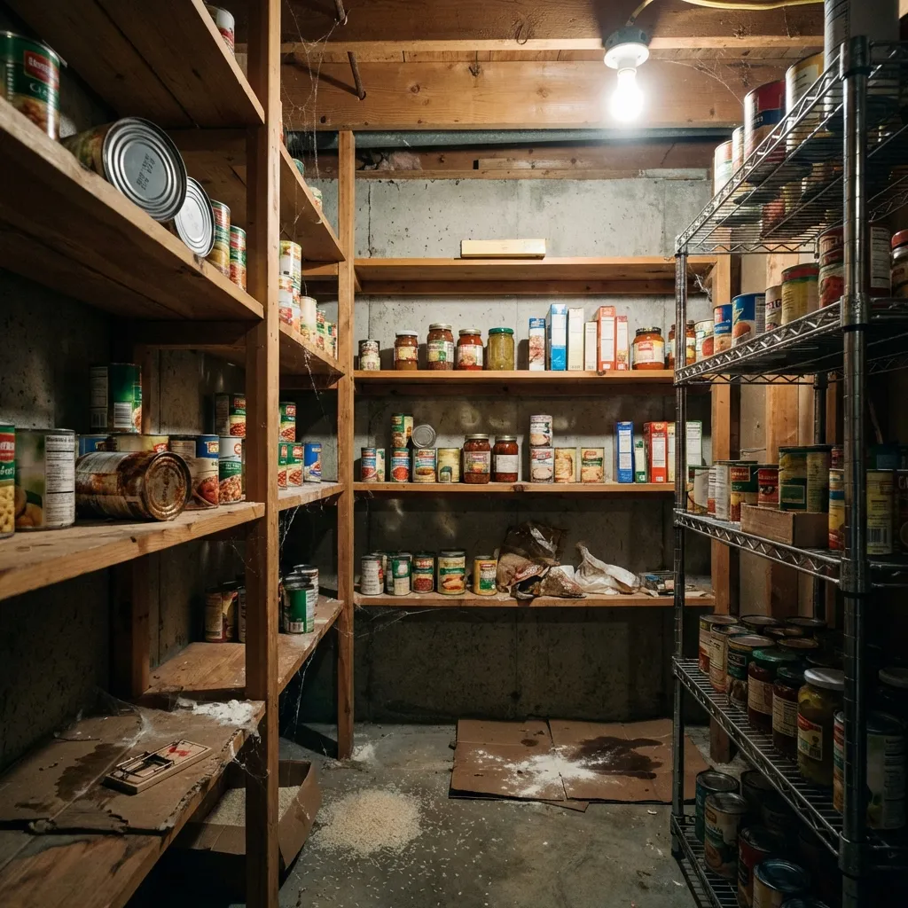 Organized emergency pantry with canned food, dry goods, labels, and a manual can opener