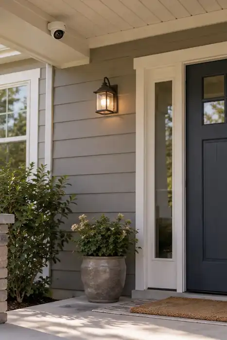 Small security camera mounted beneath the eave beside a home's front entrance