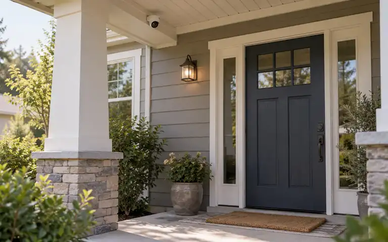 Small security camera mounted beneath the eave beside a home's front entrance