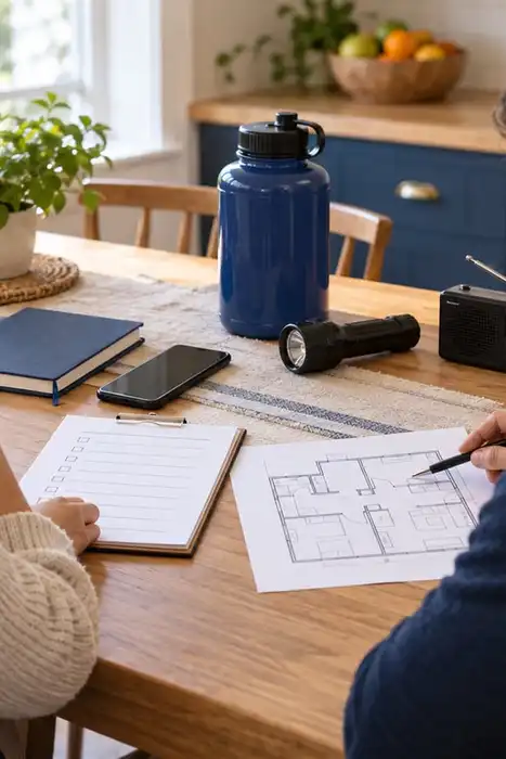 Two adults review a blank checklist and floor plan beside a phone, flashlight, water container, and radio.