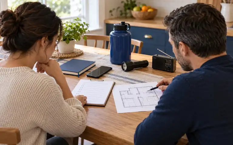Two adults review a blank checklist and floor plan beside a phone, flashlight, water container, and radio.