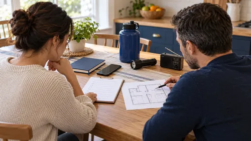 Two adults review a blank checklist and floor plan beside a phone, flashlight, water container, and radio.