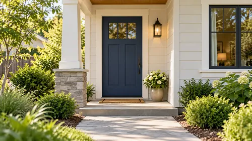 A closed front door, porch light, walkway, and window on an ordinary home in daylight.