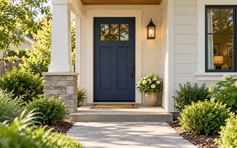 A closed front door, porch light, walkway, and window on an ordinary home in daylight.