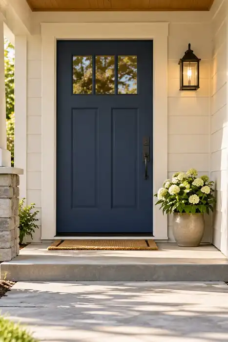 A closed front door, porch light, walkway, and window on an ordinary home in daylight.