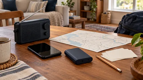 A radio, smartphone, power bank, paper map, and blank cards arranged on a home table.