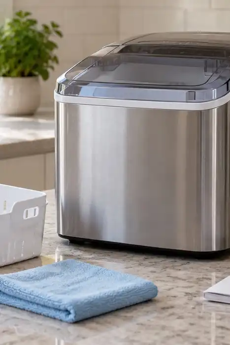 Editorial illustration of a compact stainless-steel ice maker beside an empty ice basket and a folded blue cloth.
