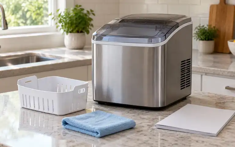 Editorial illustration of a compact stainless-steel ice maker beside an empty ice basket and a folded blue cloth.