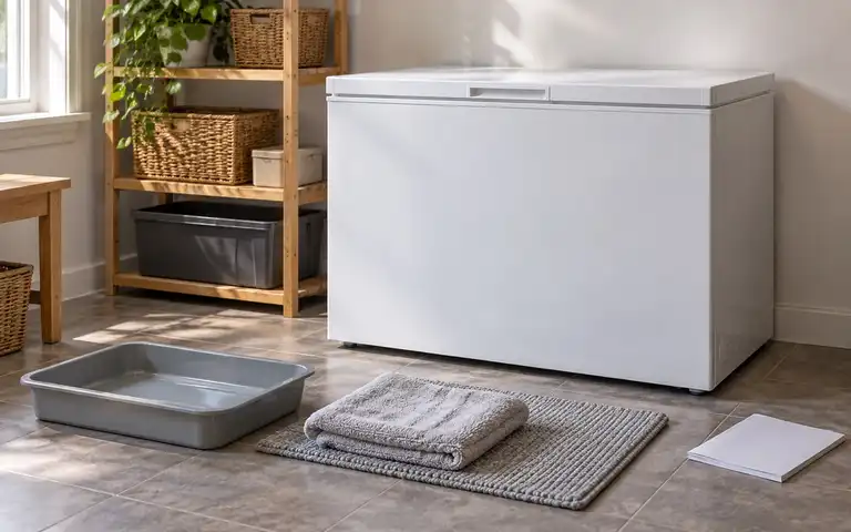 A closed chest freezer in a utility room with an empty shallow pan, folded towels, and a closed instruction booklet nearby.
