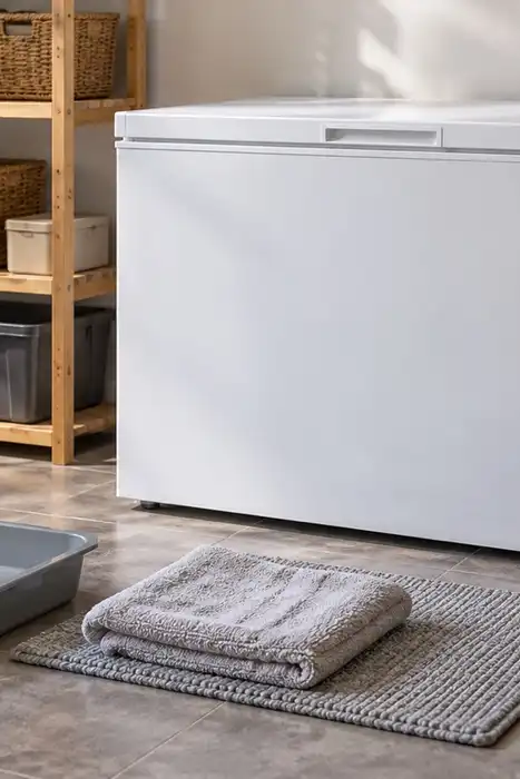 A closed chest freezer in a utility room with an empty shallow pan, folded towels, and a closed instruction booklet nearby.