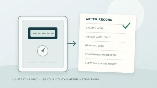 Original illustration of a closed electric meter beside a blank household record; the screen is generic and gives no meter-reading instructions.
