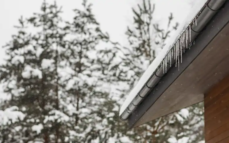 Snow rests along a roof edge where icicles hang below it, with snow-covered trees behind.