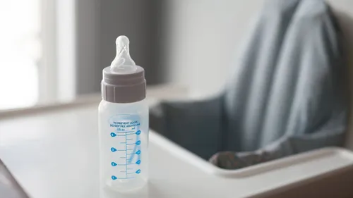 Baby bottle resting on a high-chair tray.
