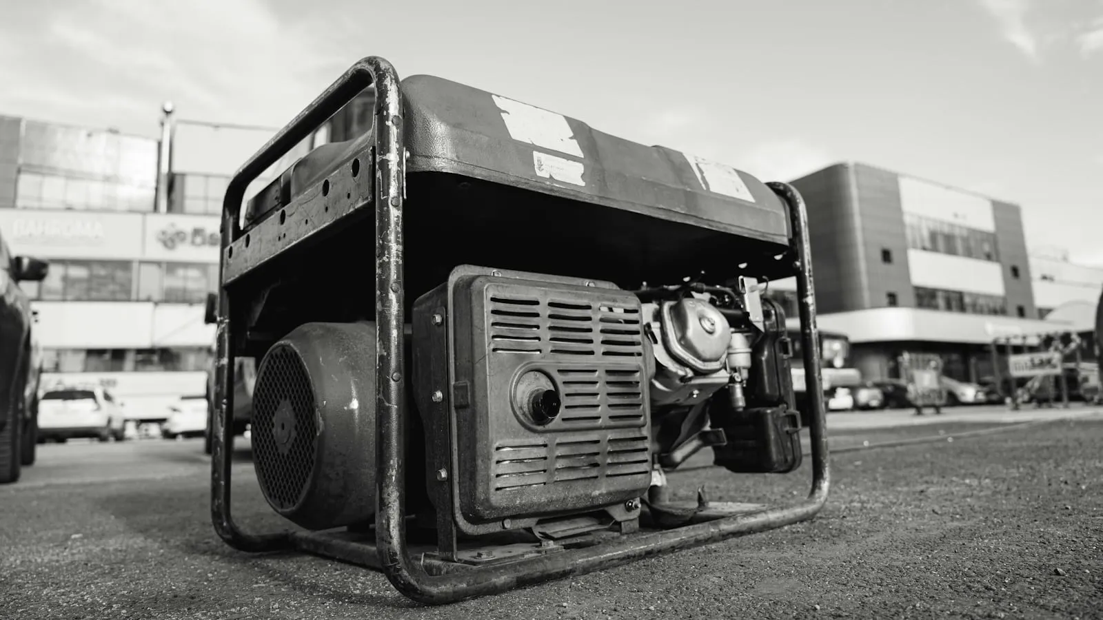 Black-and-white photograph of an open-frame portable generator outdoors.