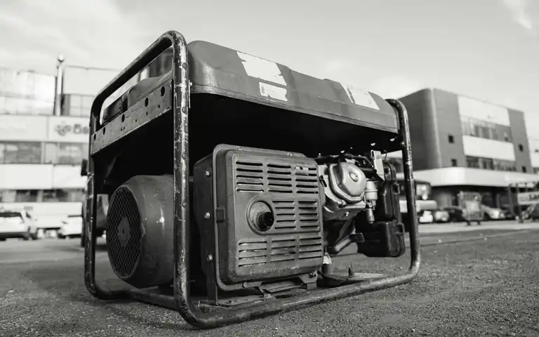 Black-and-white photograph of an open-frame portable generator outdoors.