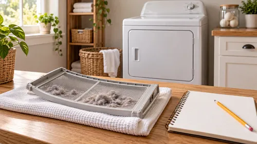 Editorial illustration: laundry dryer and vent inspection checklist beside a clean lint filter
