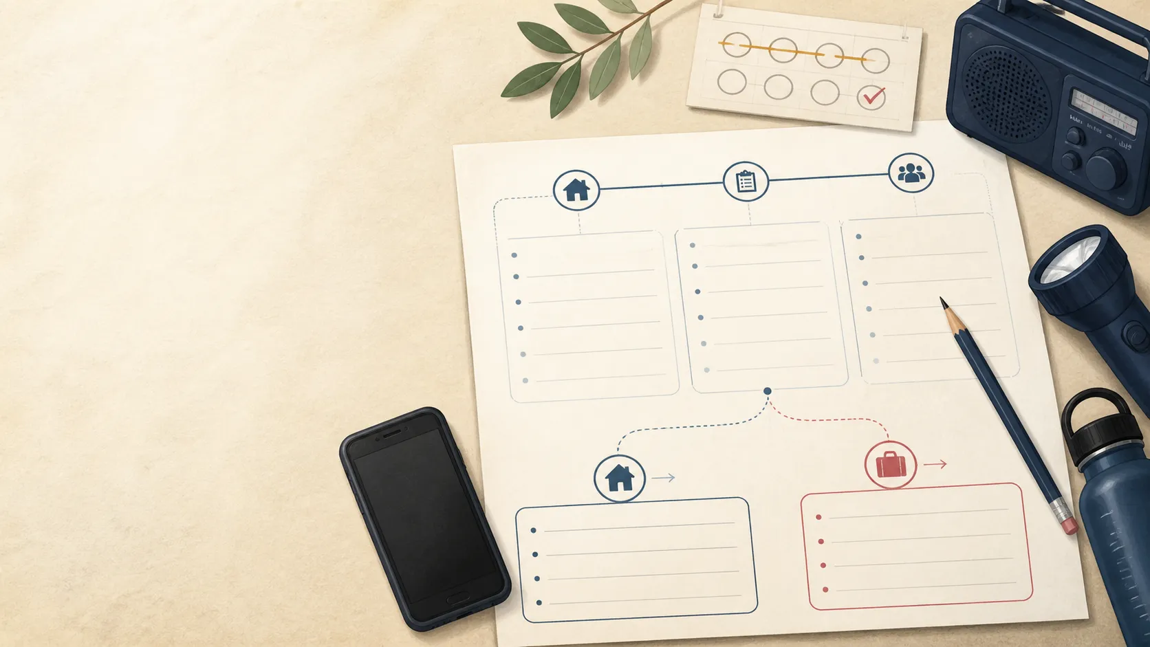Editorial illustration of a blank long-outage decision log with day checkpoints, a radio, flashlight, phone, water bottle, pencil, and stay-or-leave path
