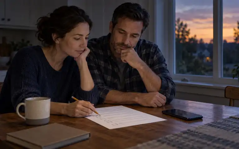 Two adults review a household outage checklist at a kitchen table beside a window at dusk.