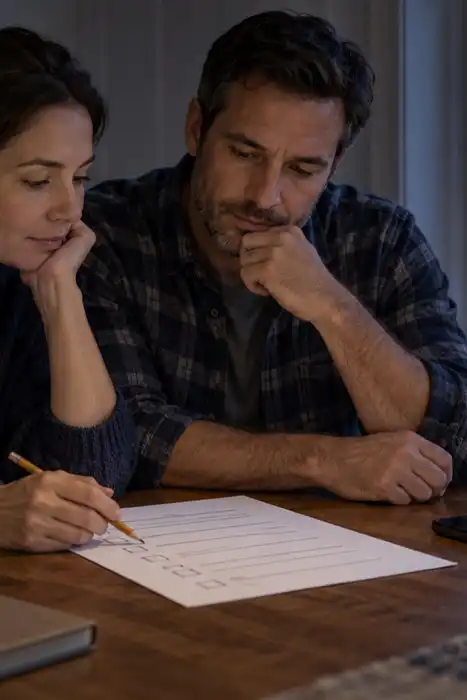 Two adults review a household outage checklist at a kitchen table beside a window at dusk.