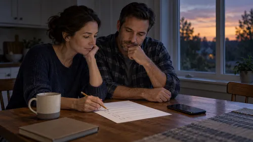 Two adults review a household outage checklist at a kitchen table beside a window at dusk.