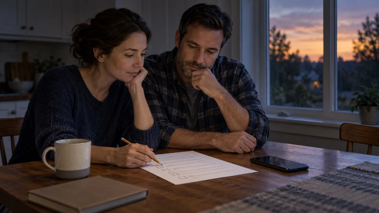 Two adults review a household outage checklist at a kitchen table beside a window at dusk.