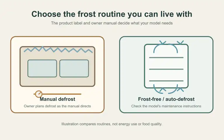 Original illustration showing frost buildup in a manual-defrost freezer beside a frost-free freezer layout.