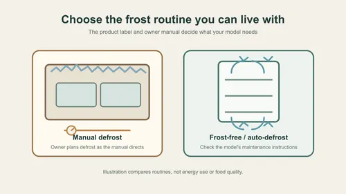 Original illustration showing frost buildup in a manual-defrost freezer beside a frost-free freezer layout.