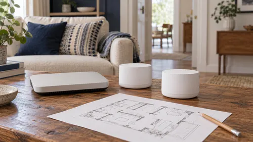 A router and two white mesh nodes beside a pencil floor plan.