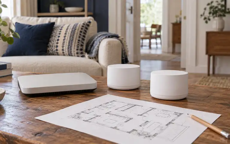 A router and two white mesh nodes beside a pencil floor plan.
