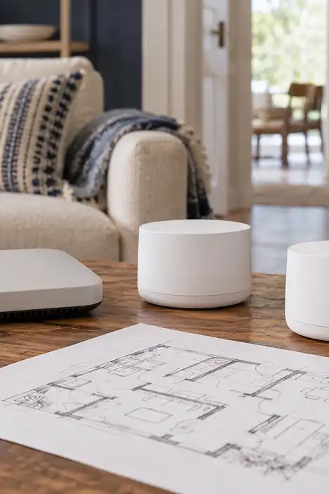 A router and two white mesh nodes beside a pencil floor plan.